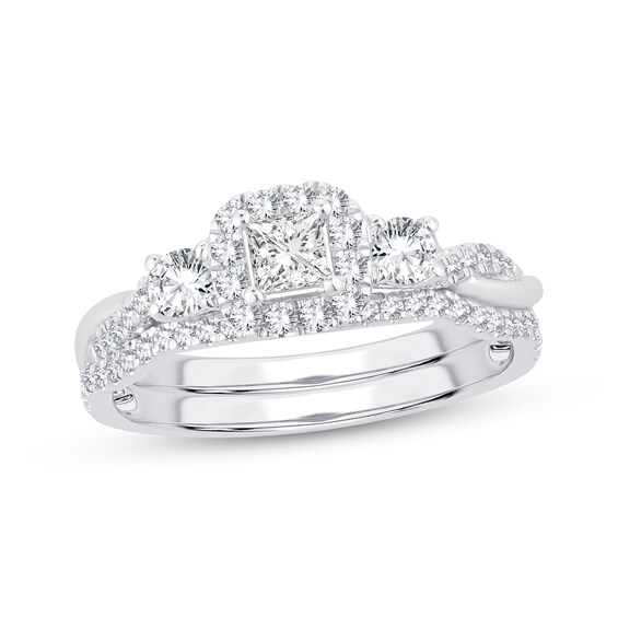Memories Moments Magic Princess & Round-Cut Diamond Three-Stone Bridal Set 3/4 ct tw 10K White Gold
