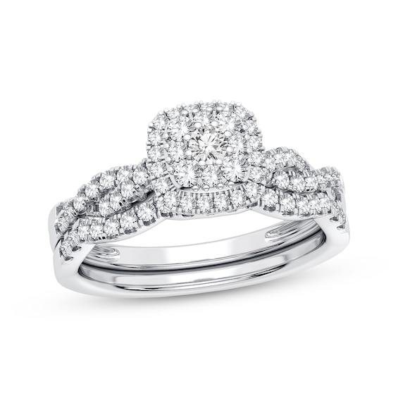 Now + Forever Multi-Diamond Cushion Halo Bridal Set 1/2 ct tw 10K White Gold