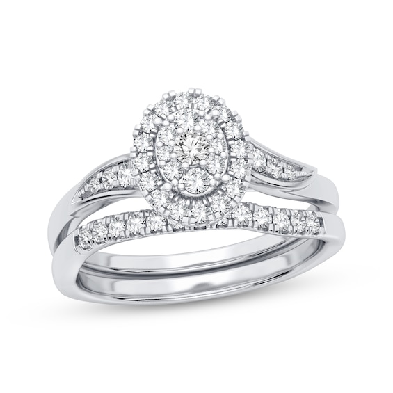Now + Forever Multi-Diamond Center Oval Bridal Set 3/8 ct tw Round-cut 10K White Gold