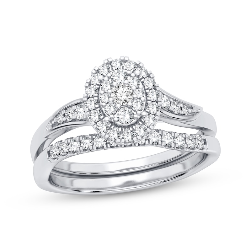 Main Image 1 of Now + Forever Multi-Diamond Center Oval Bridal Set 3/8 ct tw Round-cut 10K White Gold