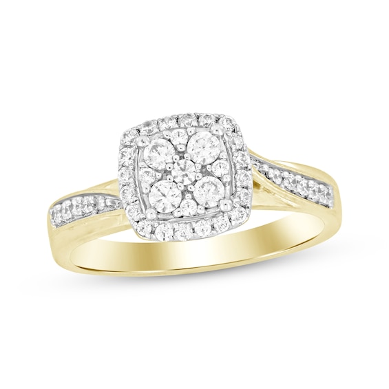Now + Forever Multi-Diamond Center Cushion Frame Engagement Ring 1/3 ct tw Round 10K Yellow Gold