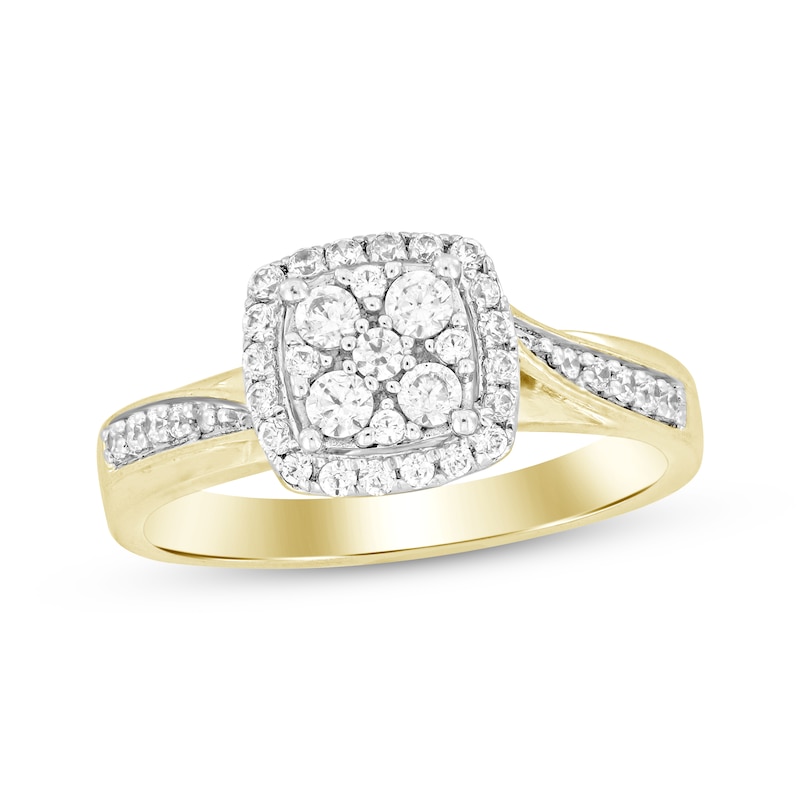 Main Image 1 of Now + Forever Multi-Diamond Center Cushion Frame Engagement Ring 1/3 ct tw Round 10K Yellow Gold