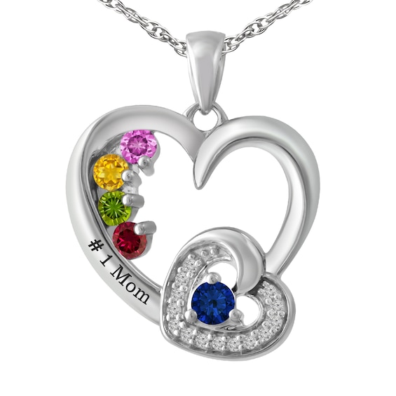 1/15 ct tw Diamond and Birthstone Family & Mother's Heart Necklace (2-5 Stones and 1 Line)