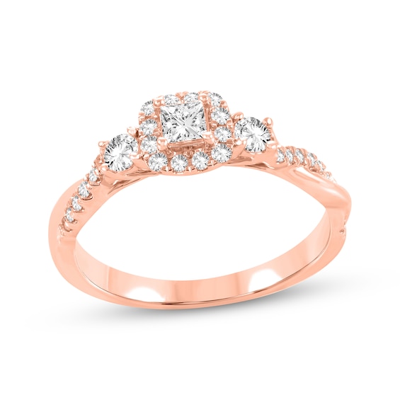 Princess & Round-Cut Diamond Three-Stone Engagement Ring 1/2 ct tw 14K Rose Gold