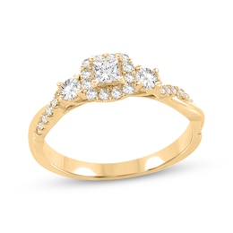 Now + Forever Princess & Round-Cut Diamond Three-Stone Engagement Ring 1/2 ct tw 14K Yellow Gold