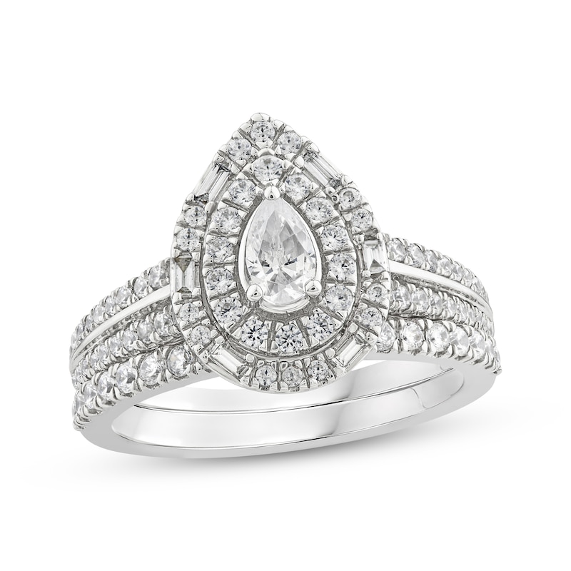 Main Image 1 of Now + Forever Pear-Shaped, Baguette- & Round-Cut Diamond Bridal Set 1 ct tw 10K White Gold