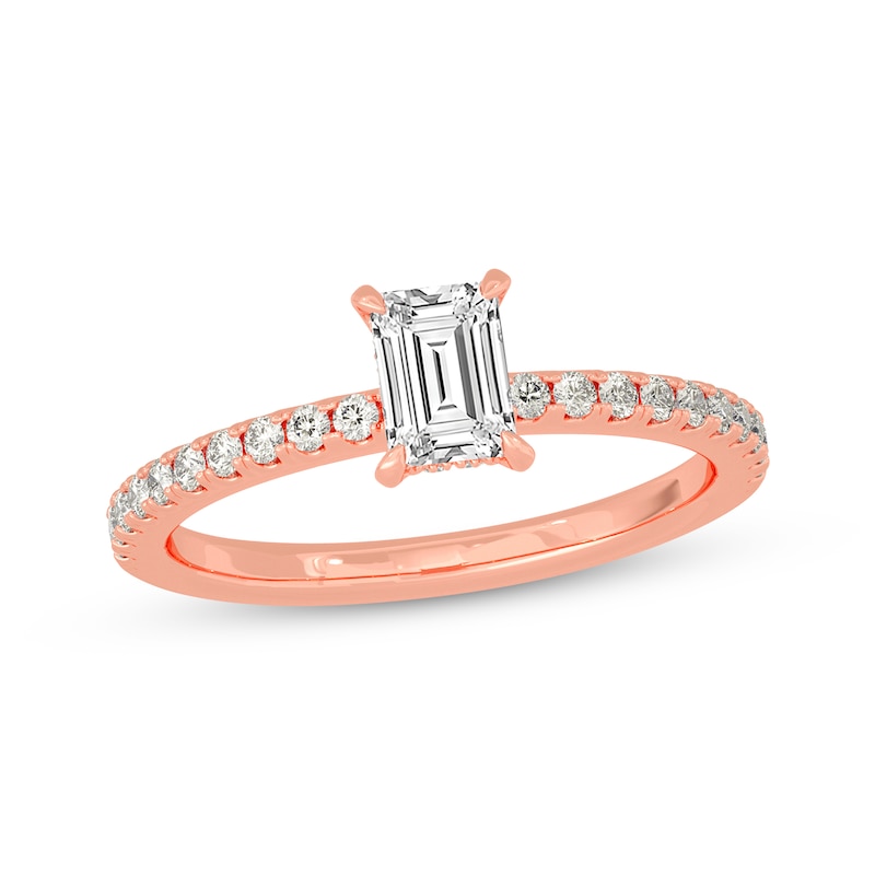 Main Image 1 of Now + Forever Emerald & Round-Cut Diamond Gallery-Set Engagement Ring 3/4 ct tw 14K Rose Gold
