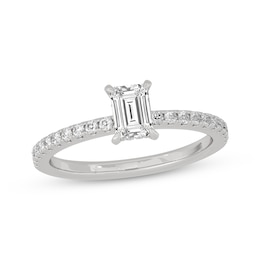 Now + Forever Emerald & Round-Cut Diamond Gallery-Set Engagement Ring 3/4 ct tw 14K White Gold