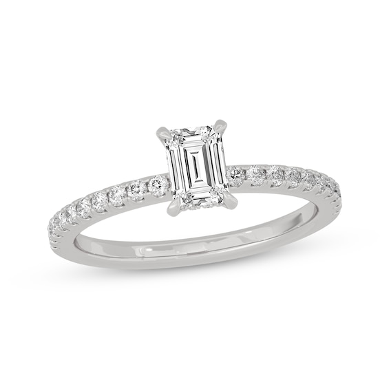 Now + Forever Emerald & Round-Cut Diamond Gallery-Set Engagement Ring 3/4 ct tw 14K White Gold