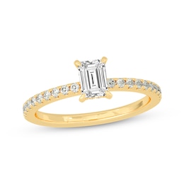 Now + Forever Emerald & Round-Cut Diamond Gallery-Set Engagement Ring 3/4 ct tw 14K Yellow Gold