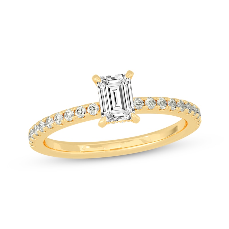 Main Image 1 of Now + Forever Emerald & Round-Cut Diamond Gallery-Set Engagement Ring 3/4 ct tw 14K Yellow Gold