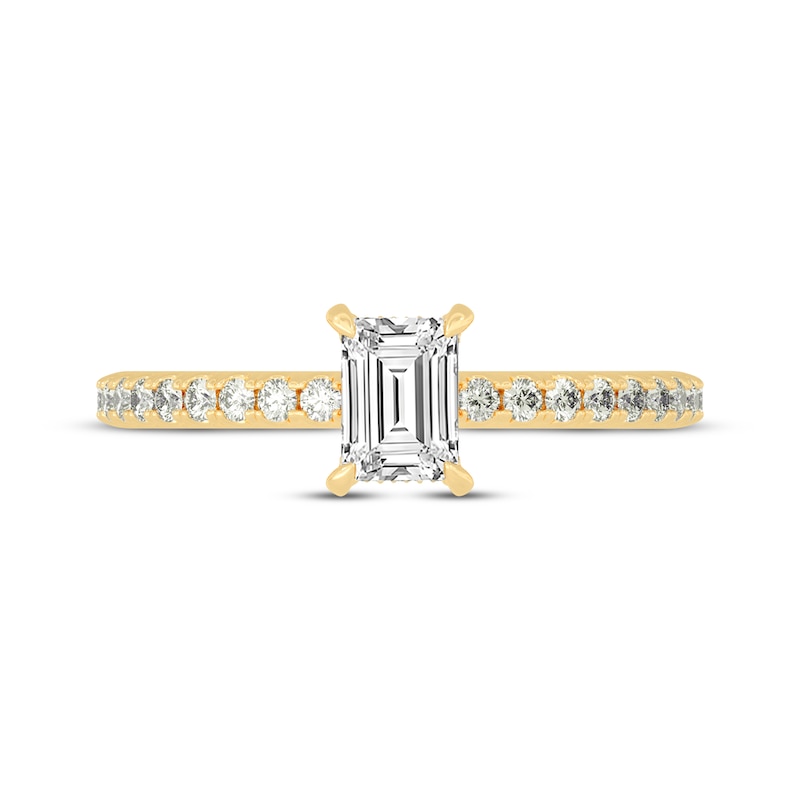 Main Image 3 of Now + Forever Emerald & Round-Cut Diamond Gallery-Set Engagement Ring 3/4 ct tw 14K Yellow Gold