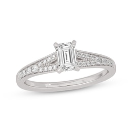 Now + Forever Emerald & Round-Cut Split-Shank Engagement Ring 3/4 ct tw 14K White Gold