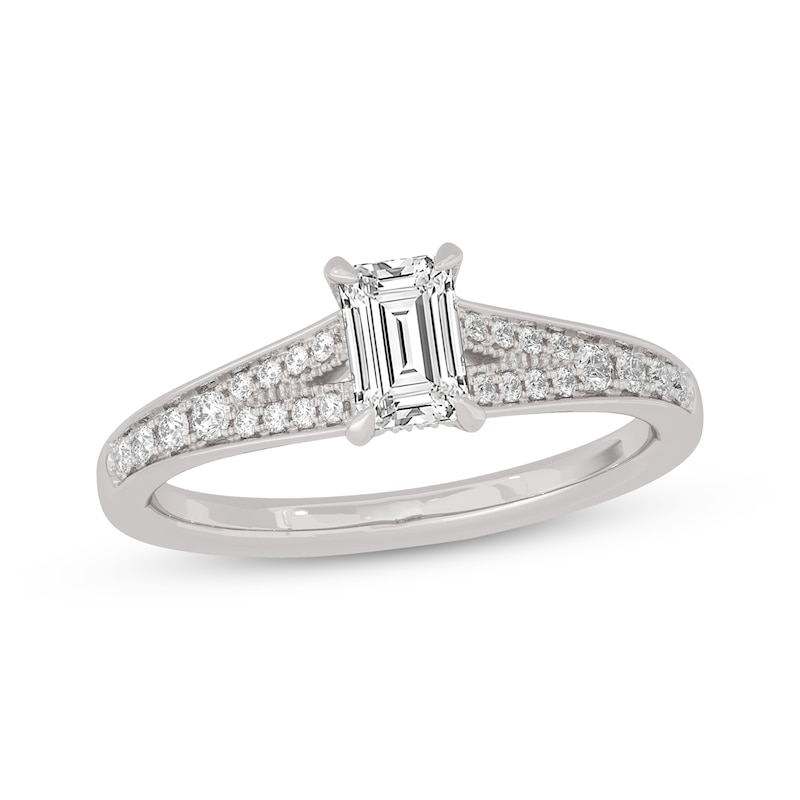 Main Image 1 of Now + Forever Emerald & Round-Cut Split-Shank Engagement Ring 3/4 ct tw 14K White Gold