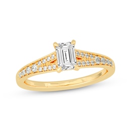 Now + Forever Emerald & Round-Cut Split-Shank Engagement Ring 3/4 ct tw 14K Yellow Gold