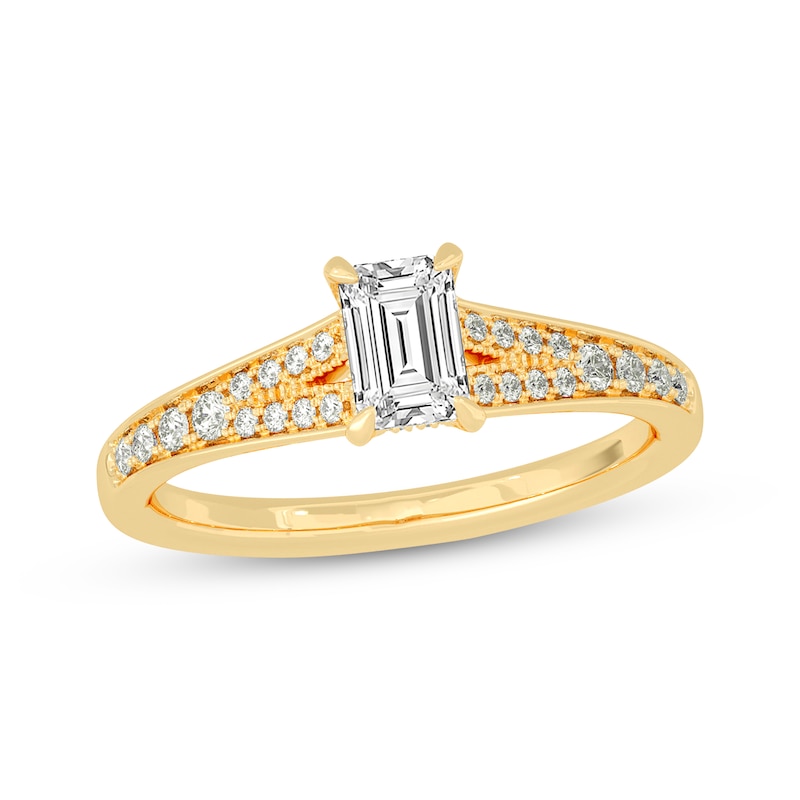 Main Image 1 of Now + Forever Emerald & Round-Cut Split-Shank Engagement Ring 3/4 ct tw 14K Yellow Gold