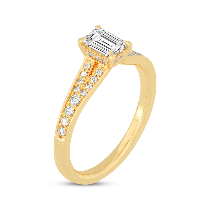 Main Image 2 of Now + Forever Emerald & Round-Cut Split-Shank Engagement Ring 3/4 ct tw 14K Yellow Gold