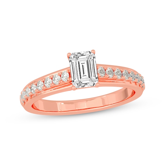 Emerald & Round-Cut Diamond Engagement Ring 3/4 ct tw 14K Rose Gold