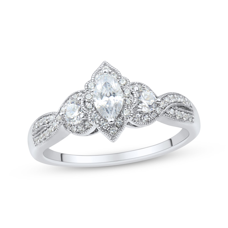 Main Image 1 of Memories Moments Magic Vintage-Style Marquise & Round-Cut Diamond Three-Stone Engagement Ring 3/4 ct tw 14K White Gold