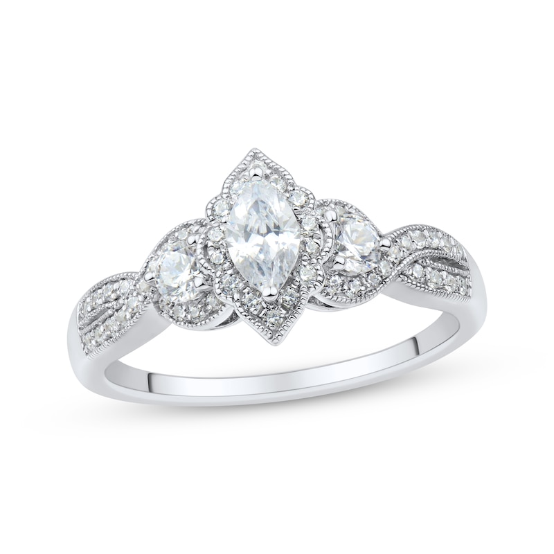 Memories Moments Magic Vintage-Style Marquise & Round-Cut Diamond Three-Stone Engagement Ring 3/4 ct tw 14K White Gold