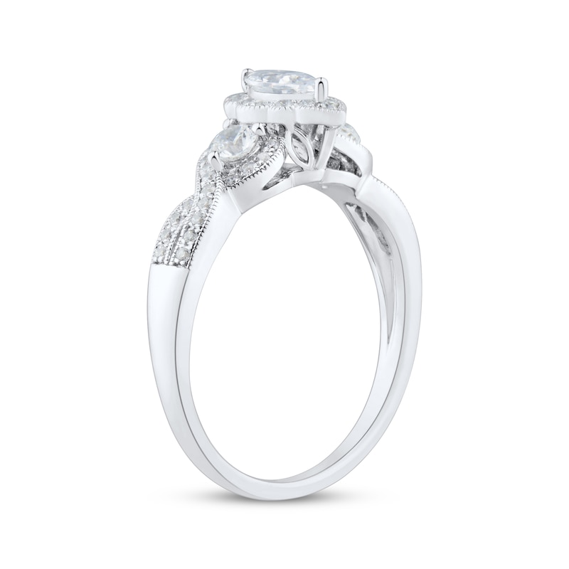 Real Diamond 1.00 ctw. Round Three Stone Engagement Ring, D VVS2 Center with Diamond Round Big Side Stones in 14K White Gold