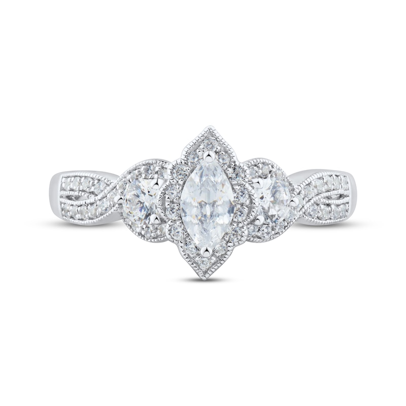 Main Image 3 of Memories Moments Magic Vintage-Style Marquise & Round-Cut Diamond Three-Stone Engagement Ring 3/4 ct tw 14K White Gold