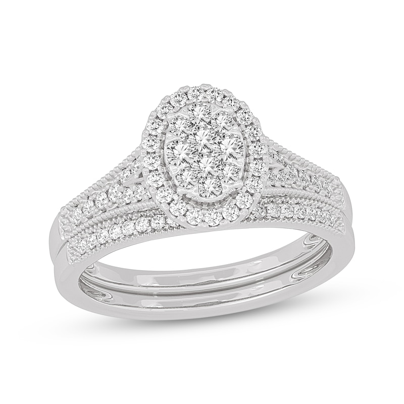 Main Image 1 of Now + Forever Round-Cut Multi-Diamond Center Oval-Frame Bridal Set 1/2 ct tw 10K White Gold