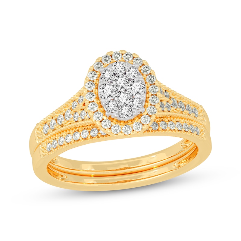 Main Image 1 of Now + Forever Round-Cut Multi-Diamond Center Oval-Frame Bridal Set 1/2 ct tw 10K Yellow Gold