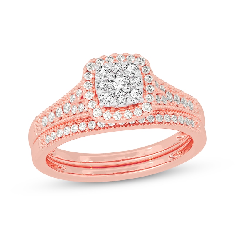 Main Image 1 of Now + Forever Round-Cut Multi-Diamond Center Cushion-Frame Bridal Set 1/2 ct tw 10K Rose Gold