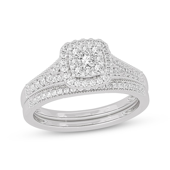 Now + Forever Round-Cut Multi-Diamond Center Cushion-Frame Bridal Set 1/2 ct tw 10K White Gold