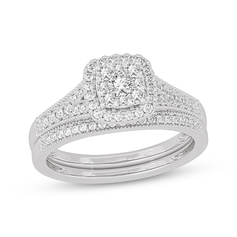 Main Image 1 of Now + Forever Round-Cut Multi-Diamond Center Cushion-Frame Bridal Set 1/2 ct tw 10K White Gold