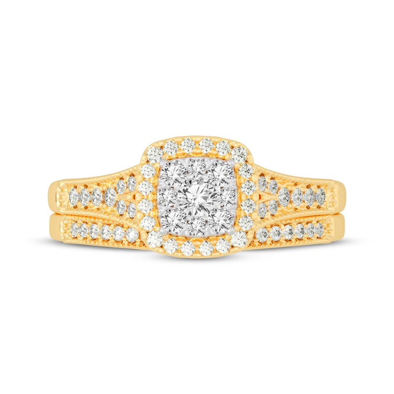Main Image 3 of Now + Forever Round-Cut Multi-Diamond Center Cushion-Frame Bridal Set 1/2 ct tw 10K Yellow Gold