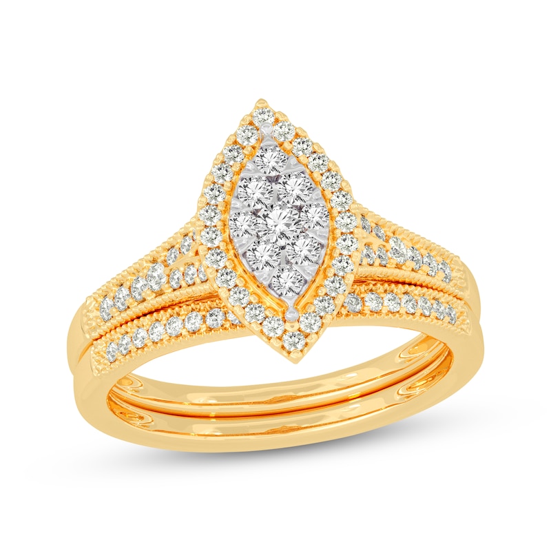 Main Image 1 of Now + Forever Round-Cut Multi-Diamond Center Marquise-Frame Bridal Set 1/2 ct tw 10K Yellow Gold