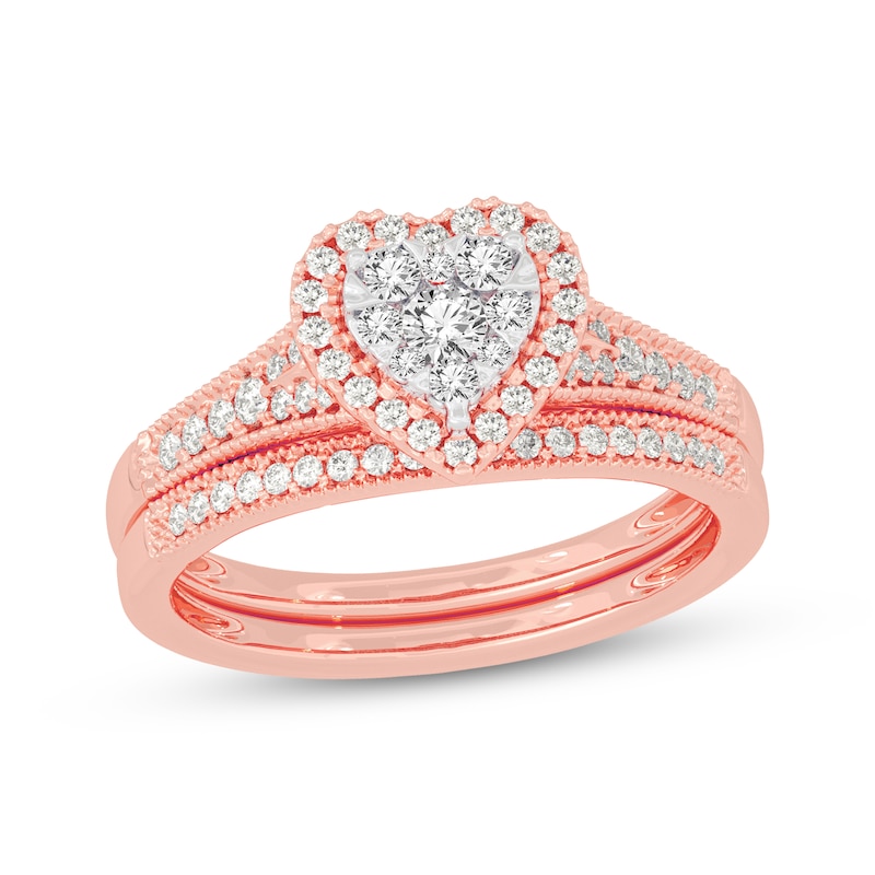Main Image 1 of Now + Forever Round-Cut Multi-Diamond Center Heart-Frame Bridal Set 1/2 ct tw 10K Rose Gold