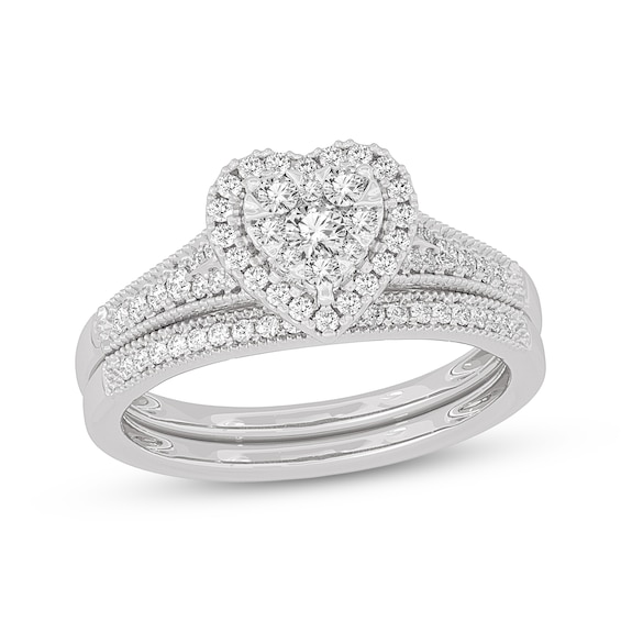 Now + Forever Round-Cut Multi-Diamond Center Heart-Frame Bridal Set 1/2 ct tw 10K White Gold