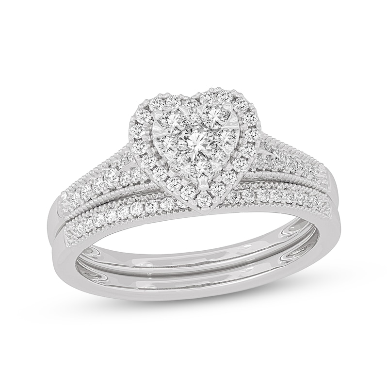 Main Image 1 of Now + Forever Round-Cut Multi-Diamond Center Heart-Frame Bridal Set 1/2 ct tw 10K White Gold