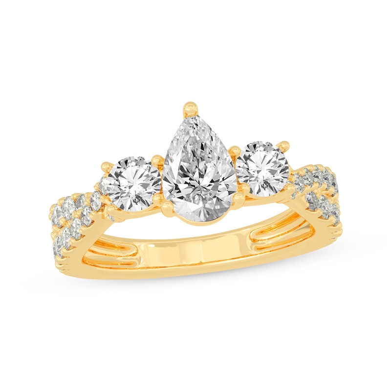 Main Image 1 of Memories Moments Magic Pear-Shaped & Round-Cut Three-Stone Diamond Engagement Ring 2 ct tw 14K Yellow Gold