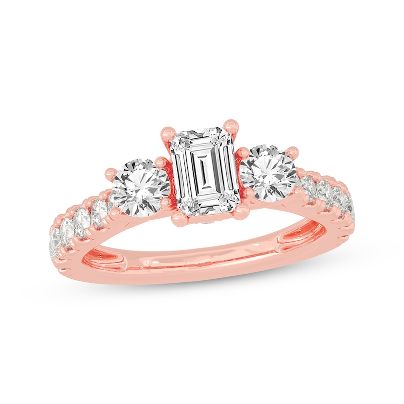 Main Image 1 of Memories Moments Magic Emerald & Round-Cut Three-Stone Diamond Engagement Ring 2 ct tw 14K Rose Gold