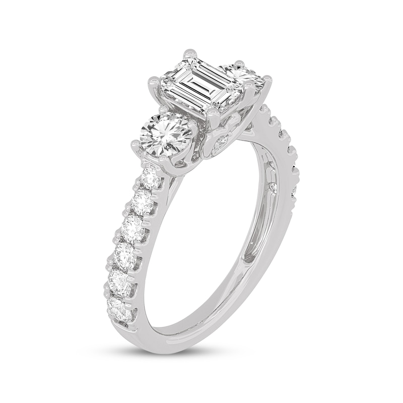 Main Image 2 of Memories Moments Magic Emerald & Round-Cut Three-Stone Diamond Engagement Ring 2 ct tw 14K White Gold