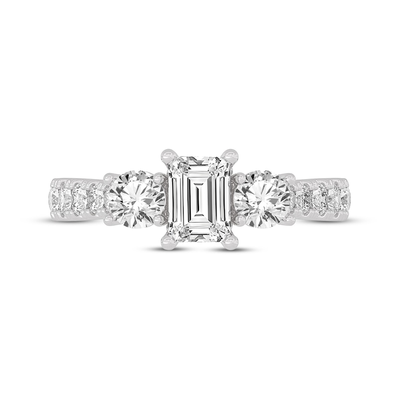 Main Image 3 of Memories Moments Magic Emerald & Round-Cut Three-Stone Diamond Engagement Ring 2 ct tw 14K White Gold