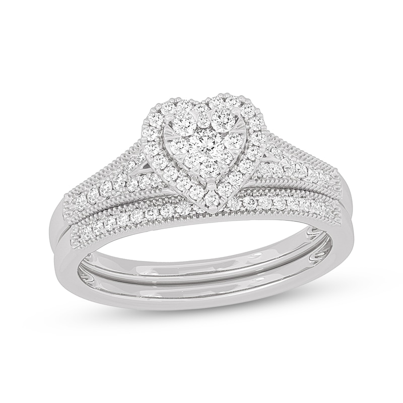 Main Image 1 of Now + Forever Round-Cut Diamond Heart-Shaped Bridal Set 3/8 ct tw 14K White Gold