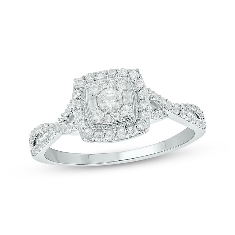 Main Image 1 of Now + Forever Baguette & Round-Cut Multi-Diamond Center Cushion-Frame Engagement Ring 1/2 ct tw 14K White Gold