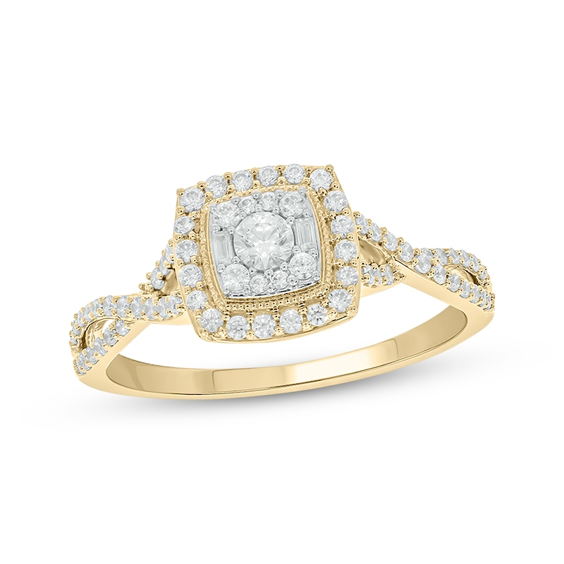 Main Image 1 of Now + Forever Baguette & Round-Cut Multi-Diamond Center Cushion-Frame Engagement Ring 1/2 ct tw 14K Yellow Gold