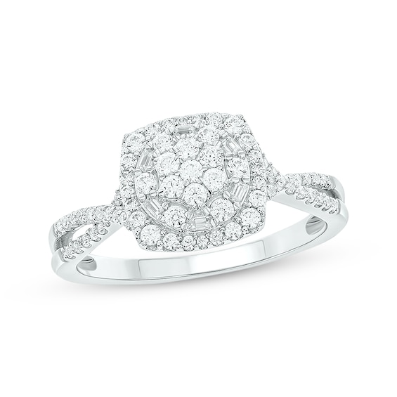 Baguette & Round-Cut Multi-Diamond Center Cushion-Shaped Engagement Ring 1/2 ct tw 14K White Gold