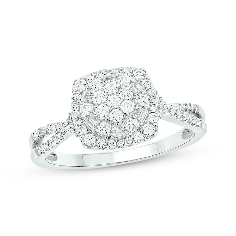 Main Image 1 of Now + Forever Baguette & Round-Cut Multi-Diamond Center Cushion-Shaped Engagement Ring 1/2 ct tw 14K White Gold