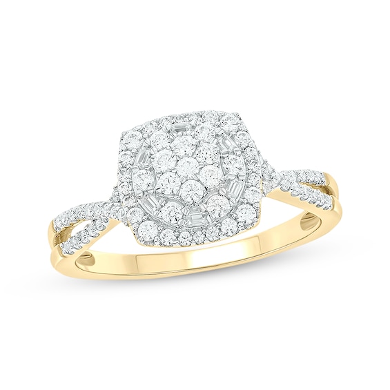 Now + Forever Baguette & Round-Cut Multi-Diamond Center Cushion-Shaped Engagement Ring 1/2 ct tw 14K Yellow Gold
