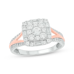 Now + Forever Baguette & Round-Cut Multi-Diamond Center Cushion-Shaped Engagement Ring 1 ct tw 14K Two-Tone Gold