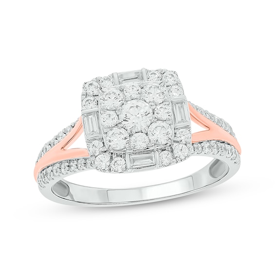 Now + Forever Baguette & Round-Cut Multi-Diamond Center Cushion-Shaped Engagement Ring 1 ct tw 14K Two-Tone Gold