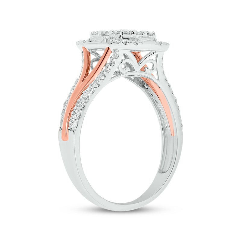Main Image 2 of Now + Forever Baguette & Round-Cut Multi-Diamond Center Cushion-Shaped Engagement Ring 1 ct tw 14K Two-Tone Gold