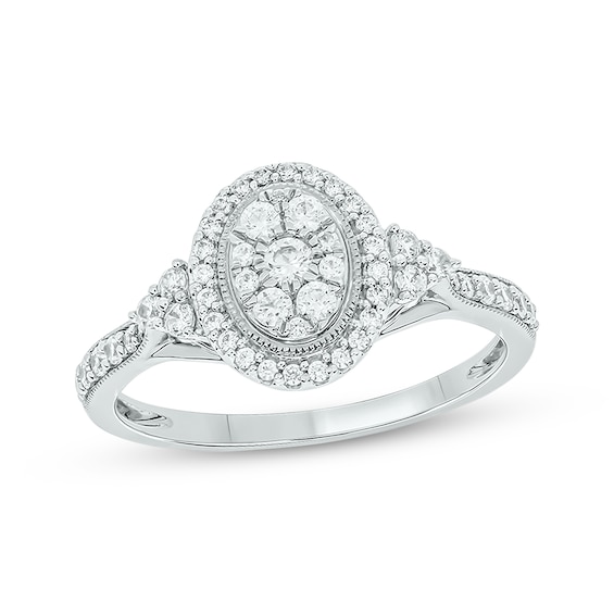 Now + Forever Round-Cut Multi-Diamond Center Oval-Shaped Engagement Ring 1/2 ct tw 14K White Gold